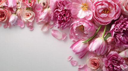 Flower arrangement with pink peonies, tulips, and roses on a light background in springtime setting indoors