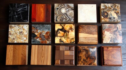 Different types of wood and stone tiles laid out in an organized manner on a dark wooden surface in a well-lit area
