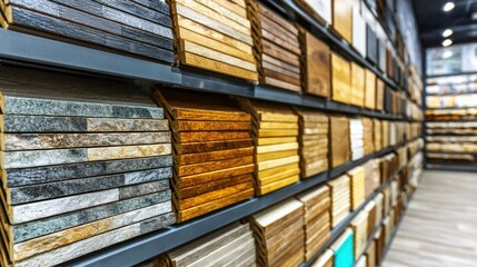 Display of various wood and stone samples at a materials store for home improvement projects