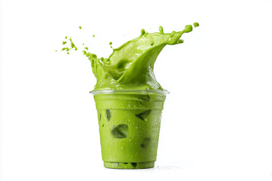 Iced matcha green tea splashing out of a clear plastic cup with dynamic motion and vibrant green color. Refreshing cold beverage action shot with frozen splash effect, clean studio lighting, isolated 