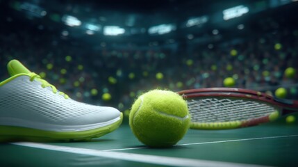 Tennis shoes and ball on court during a match with spectators watching from seats in the background