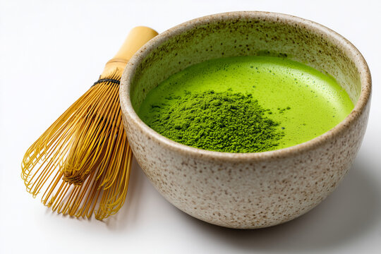 Traditional Japanese matcha tea bowl filled with smooth green tea and bamboo whisk resting inside. Authentic tea ceremony setup with natural ceramic texture and calm aesthetic, clean studio lighting.