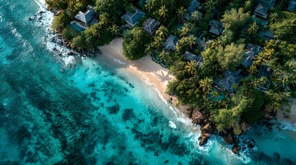 Aerial view shows luxury coastal villas nestled in trees near the beach with turquoise ocean and a summer vacation vibe in high angle shot.