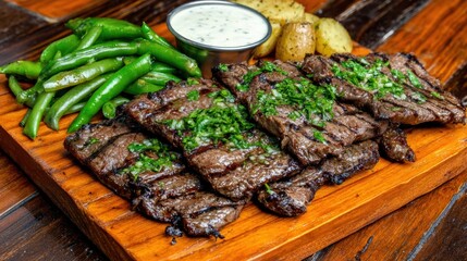 Grilled steak served with green beans, potatoes, and sauce on wooden platter at restaurant
