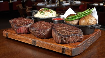 Steak dinner served on wooden platter with sides at a restaurant during evening