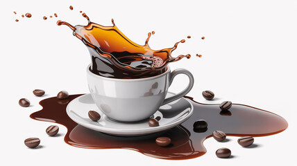A photorealistic image of a white ceramic teacup and saucer spilling dark brown coffee and coffee beans against a pure white background