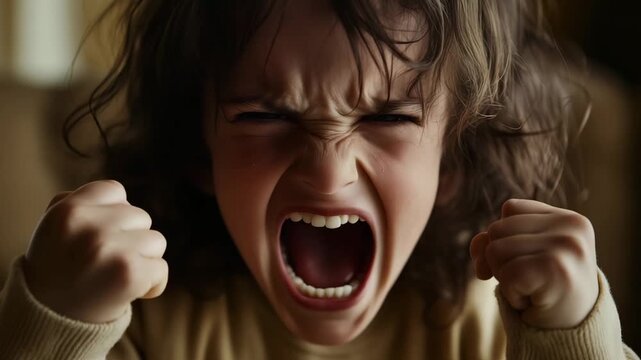 A child shouts while expressing frustration with clenched fists at home, capturing a moment of tantrum