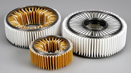 Collection of three car engine oil filters in various sizes arranged side by side on a neutral background