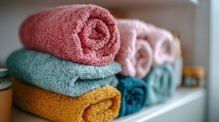 Soft towels stacked on a shelf in a bathroom for easy access and fresh appearance