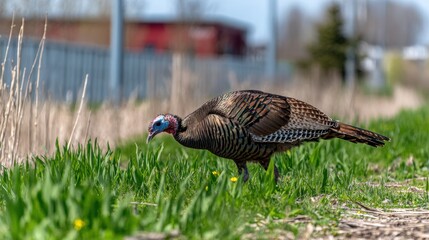 Wild turkey forages in green grass near a road in bright daylight during spring season