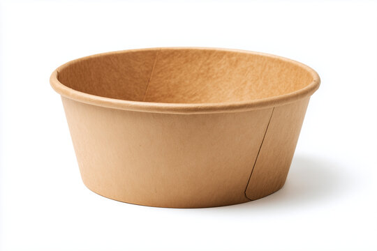 Empty kraft paper bowl with smooth texture and natural brown color. Eco friendly disposable food container for takeaway and packaging, clean studio lighting, isolated on white background.
