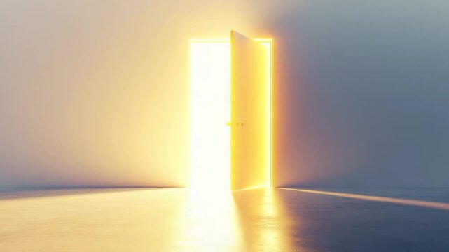 A door opens to reveal bright light in a simple room with smooth floor reflective of the warm illumination