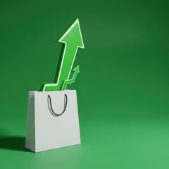 Shopping bag with rising green arrow on green background