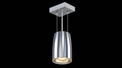 Modern silver pendant light hangs from ceiling in an indoor space with a dark background