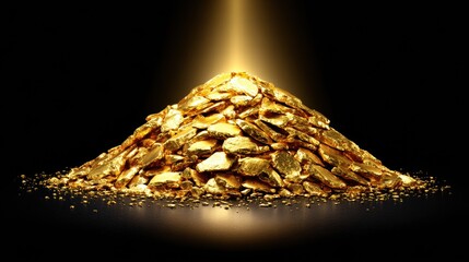 Shiny gold piles on black background with light glow showing wealth and treasure at a mining location