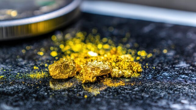 Gold particles and nuggets on a dark surface captured in close-up during daytime