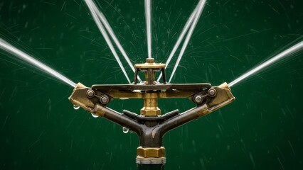 Close up of a brass impact sprinkler rotating and spraying water against dark green background