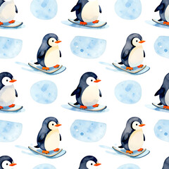 Obraz premium Penguin's Seamless Adventures: A charming pattern showcasing playful penguins gracefully gliding on snowy adventures. The image captures the essence of winter wonder.
