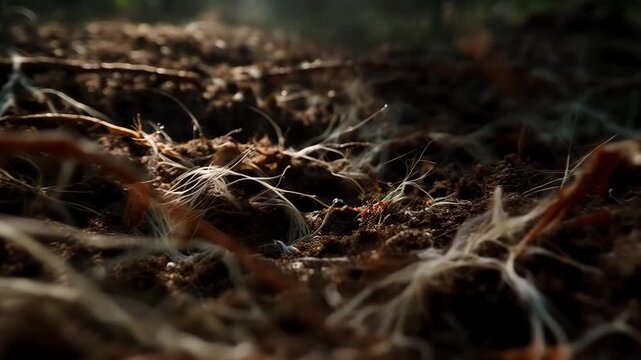 Mycelium network spreading through soil, intricate fungal root structures distributing nutrients, closeup shot