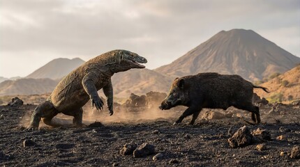 Komodo Dragon Boar Volcanic Battle