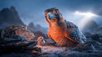 Eagle sits on rocks near glowing object in dark setting with light beam highlighting the scene