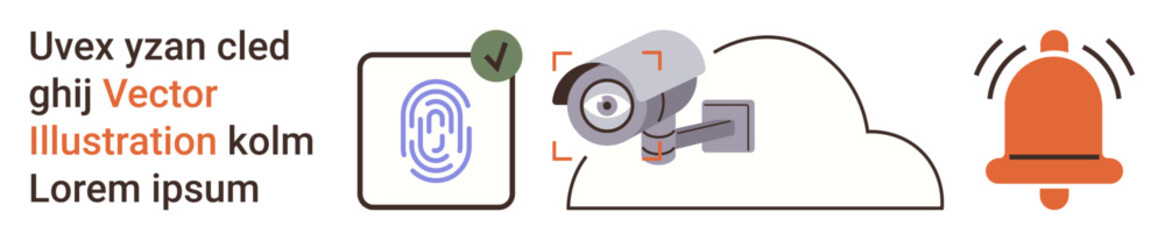 Security, surveillance, technology, data protection, online safety, alert systems. Fingerprint icon, CCTV camera and alert bell illustration. Security and surveillance concepts