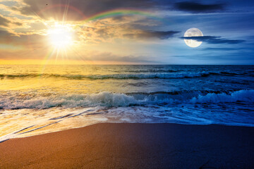 sand beach at the sea for summer solstice vacation. day and night time change concept. beautiful...