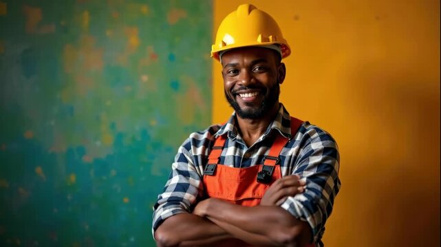 confident african builder in hard hat smiling with arms crossed. home renovation or construction concept. industry worker portrait. banner, website header, copyspace.