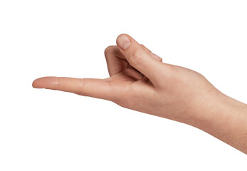 Female hand with index finger extended forward, indicating a direction, pointing to something, or presenting a measurement against a clean white background