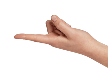 Female hand with index finger extended forward, indicating a direction, pointing to something, or presenting a measurement against a clean white background