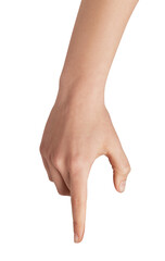 Right hand with light skin pointing downwards, indicating direction, location, or selection, conveying emphasis and providing guidance on a clean background