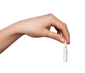 Woman's hand holding a single white ampoule, presenting a glass vial containing liquid medicine or a cosmetic serum for health and beauty applications
