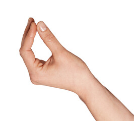 Female hand with index finger and thumb touching, representing the concept of precision, grasping, picking up, holding, or measuring a small object, isolated on a clean background