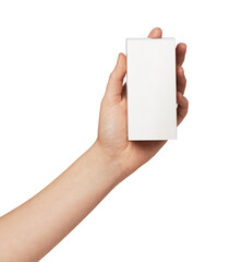 Human hand holding a minimalist white rectangular packaging for a product, offering a clear space for branding and customized design on a clean background