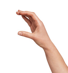Female hand delicately measuring an invisible tiny object between thumb and fingers, creating empty space on a neutral light-gray studio background for presentation use
