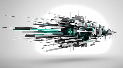 Futuristic 3D digital structure of elongated geometric blocks moving forward