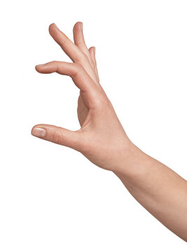 Human bare hand portraying a gesture indicating a small quantity, minimal size, or making a calculation, with fingers curved on a clean, isolated background