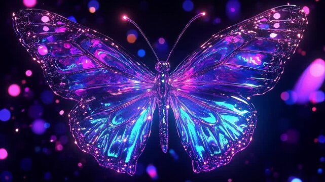 A purple butterfly appears with glowing effects against a dark background filled with bright particles