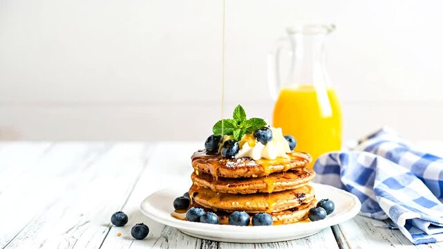 A stack of golden pancakes with blueberries, syrup, mint, and whipped cream, next to juice