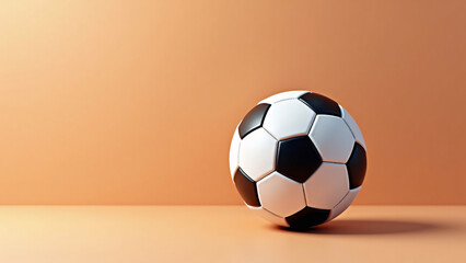A classic soccer ball rests in peach light&mdash;soft geometry, quiet focus, and the warmth of anticipation.
