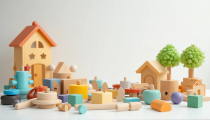 Colorful wooden educational toys on white background, soft light