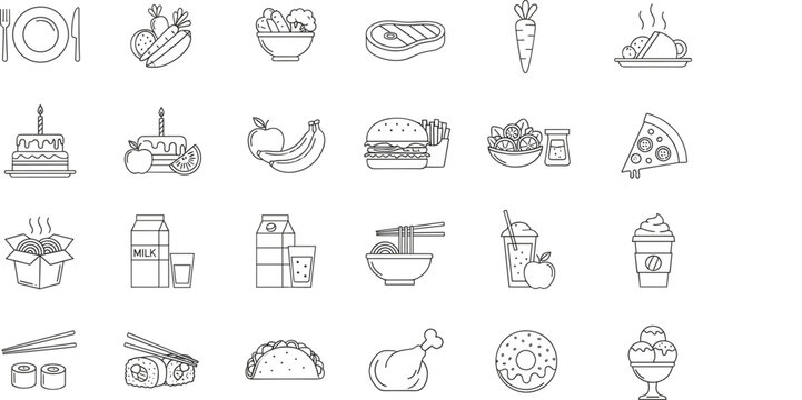 Large set of food and beverage icons in black line art featuring burger pizza sushi and desserts.