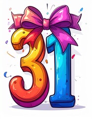 Number 31 wrapped with a festive ribbon on a white background. Image for birthday or anniversary party