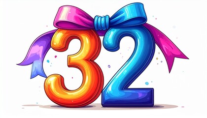 Number 32 wrapped with a festive ribbon on a white background. Image for birthday or anniversary party