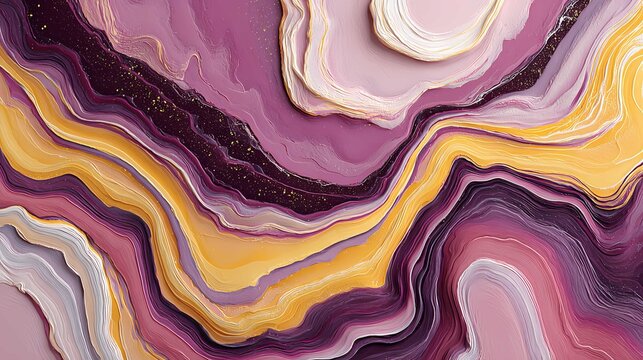Fluid abstract marble pattern with pink, purple and yellow bands under bright studio lighting