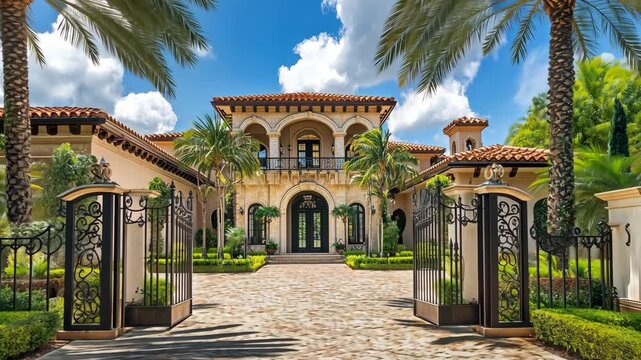 Large house entrance surrounded by palm trees and a well kept garden on a sunny day. Luxury real estate purchase and rent
