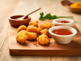 Chicken Nuggets Served on a Wooden Board with Dipping Sauces