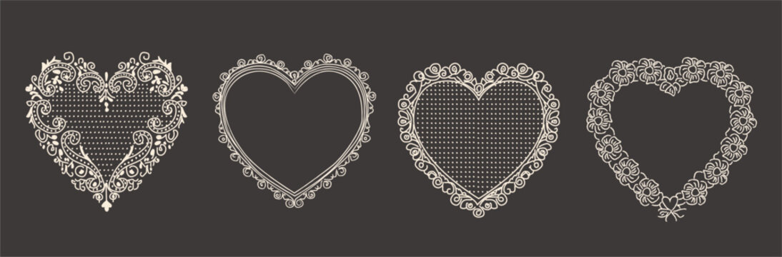 Vintage lace heart frames set with ornate floral details and dotted textures. Decorative hand-drawn romantic borders. Design for wedding invitations, valentine cards, love branding, stationery. Vector