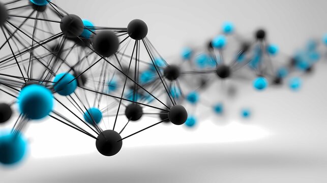 Abstract 3D neural network mesh with glowing blue and black nodes under soft lighting