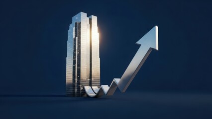 Shining skyscraper with rising arrow graph